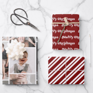 Modern Merry Christmas Photo Collage Snoep Stripes Inpakpapier Vel