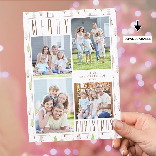 Modern MERRY CHRISTMAS Photo Collage Trees roze Feestdagenkaart