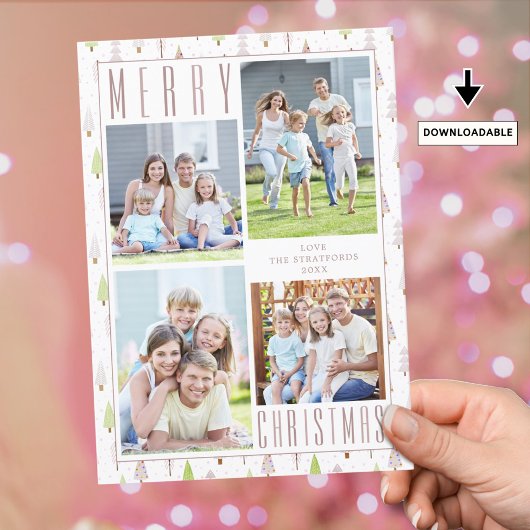Modern MERRY CHRISTMAS Photo Collage Trees roze Feestdagenkaart