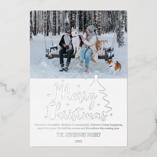 Modern Merry Christmas Photo Silver Foil Kaart (Voorkant)