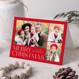Modern Merry Christmas Red 4 Foto Feestdagen Kaart