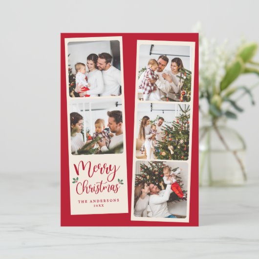 Modern Merry Christmas Red 5 Photo Feestdagenkaart (Staand voorkant)