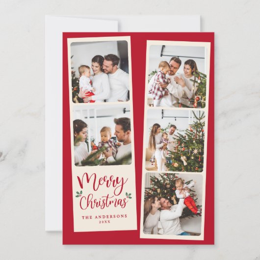 Modern Merry Christmas Red 5 Photo Feestdagenkaart (Voorkant)