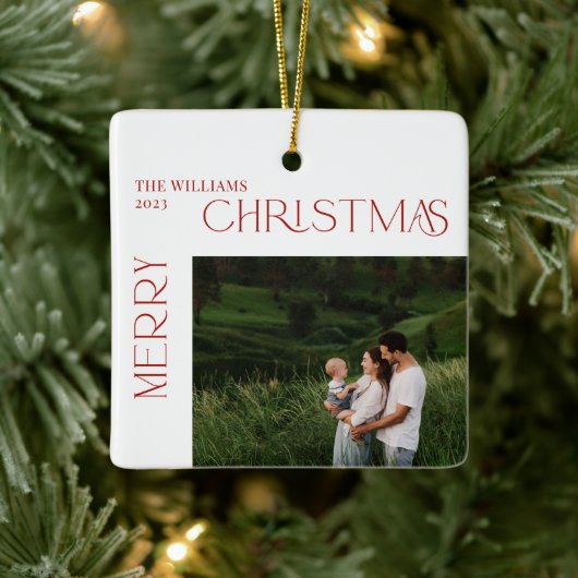 Modern Merry Christmas Red Berry Botanical 2 Foto Keramisch Ornament (Boom)