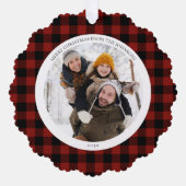 Modern Merry Christmas Red Buffalo Check Foto Ornament Kaart (Voorkant)