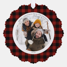 Modern Merry Christmas Red Buffalo Check Foto Ornament Kaart