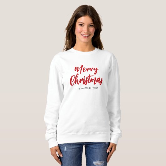 Modern Merry Christmas Red Script Family Name Trui (Voorkant volledig)