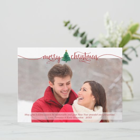 Modern Merry Christmas Red Script Waterverf Tree Feestdagenkaart (Staand voorkant)