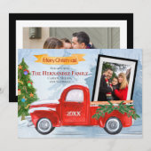 Modern Merry Christmas  Red Truck Foto Feestdagenkaart (Voorkant / Achterkant)