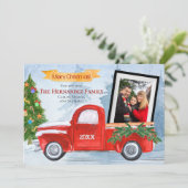 Modern Merry Christmas  Red Truck Foto Feestdagenkaart (Staand voorkant)