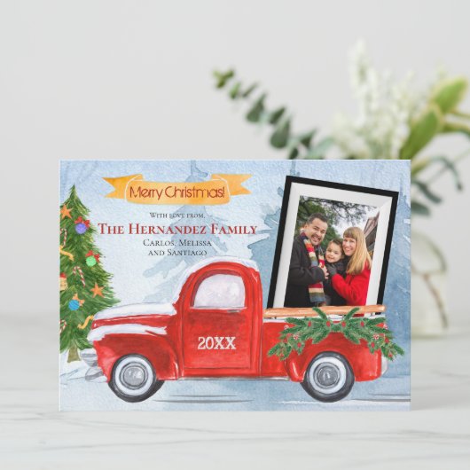 Modern Merry Christmas  Red Truck Foto Feestdagenkaart (Staand voorkant)