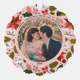 Modern Merry Christmas Roze Bloemen Patroon Foto Ornament Kaart