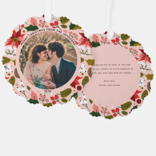 Modern Merry Christmas Roze Bloemen Patroon Foto Ornament Kaart