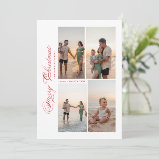 Modern Merry Christmas Script Family Photo Feestdagenkaart (Staand voorkant)