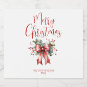 Modern Merry Christmas Script Holly Bow Likeurfles Etiket (Enkel label)