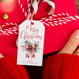Modern Merry Christmas Script Holly Bow Naam Cadeaulabel