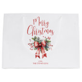 Modern Merry Christmas Script Holly Bow Naam Groot Cadeauzakje (Voorkant)