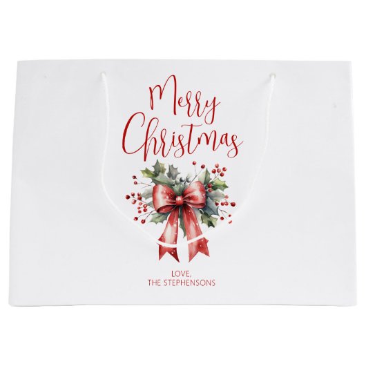 Modern Merry Christmas Script Holly Bow Naam Groot Cadeauzakje (Voorkant)