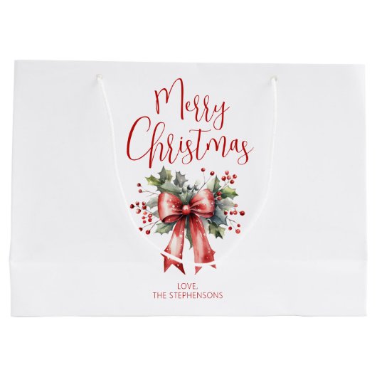 Modern Merry Christmas Script Holly Bow Naam Groot Cadeauzakje (Achterkant)