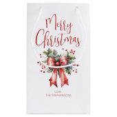 Modern Merry Christmas Script Holly Bow Naam Klein Cadeauzakje (Achterkant)