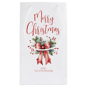 Modern Merry Christmas Script Holly Bow Naam Klein Cadeauzakje