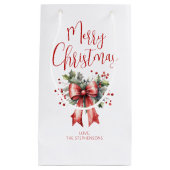 Modern Merry Christmas Script Holly Bow Naam Klein Cadeauzakje (Voorkant)
