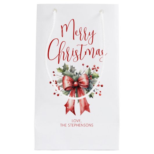 Modern Merry Christmas Script Holly Bow Naam Klein Cadeauzakje (Voorkant)