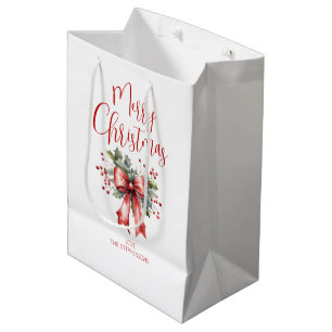 Modern Merry Christmas Script Holly Bow Naam Medium Cadeauzakje