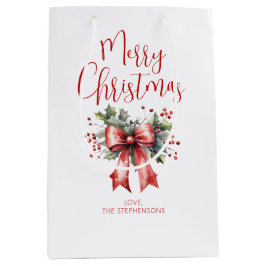 Modern Merry Christmas Script Holly Bow Naam Medium Cadeauzakje