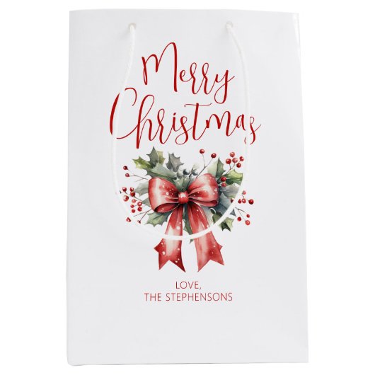 Modern Merry Christmas Script Holly Bow Naam Medium Cadeauzakje (Voorkant)