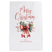 Modern Merry Christmas Script Holly Bow Naam Medium Cadeauzakje (Achterkant)