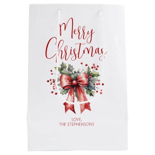 Modern Merry Christmas Script Holly Bow Naam Medium Cadeauzakje (Achterkant)