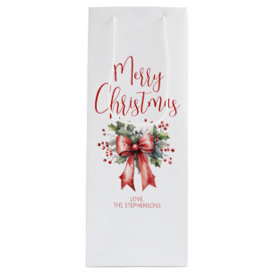 Modern Merry Christmas Script Holly Bow Naam Wijn Cadeautas