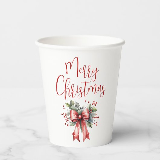 Modern Merry Christmas Script Holly Bow Papieren Bekers (Achterkant)