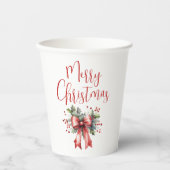 Modern Merry Christmas Script Holly Bow Papieren Bekers (Voorkant)
