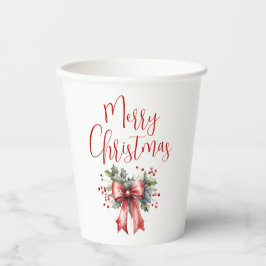 Modern Merry Christmas Script Holly Bow Papieren Bekers