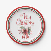 Modern Merry Christmas Script Holly Bow Papieren Bordje (Voorkant)
