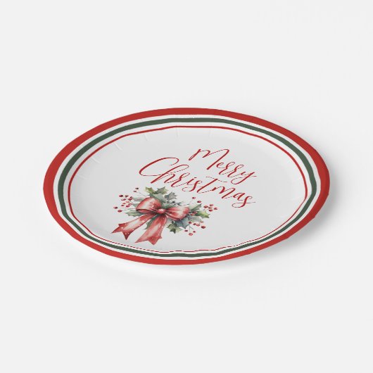 Modern Merry Christmas Script Holly Bow Papieren Bordje (Gekanteld)