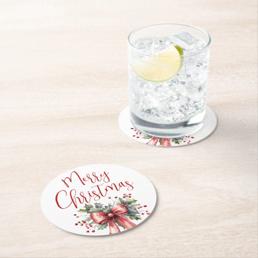 Modern Merry Christmas Script Holly Bow Red Ronde Kartonnen Onderzetter (Insitu)