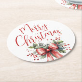 Modern Merry Christmas Script Holly Bow Red Ronde Kartonnen Onderzetter (Gebogen)