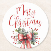 Modern Merry Christmas Script Holly Bow Red Ronde Kartonnen Onderzetter (Voorkant)