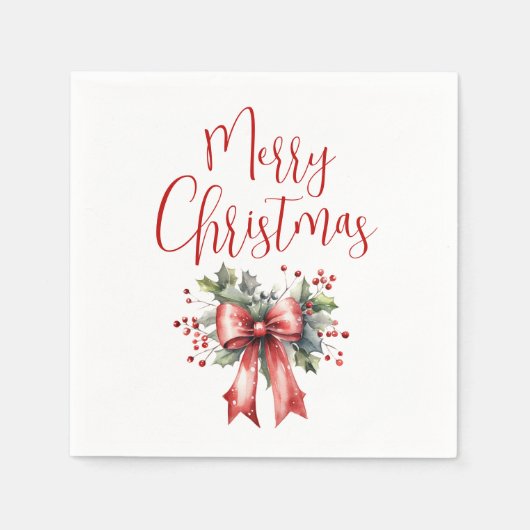 Modern Merry Christmas Script Holly Bow Servet (Voorkant)