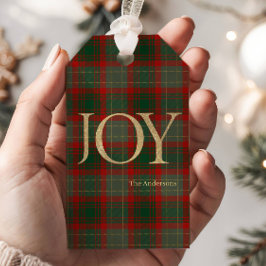 Modern Merry Christmas script Joy tartan rood Cadeaulabel