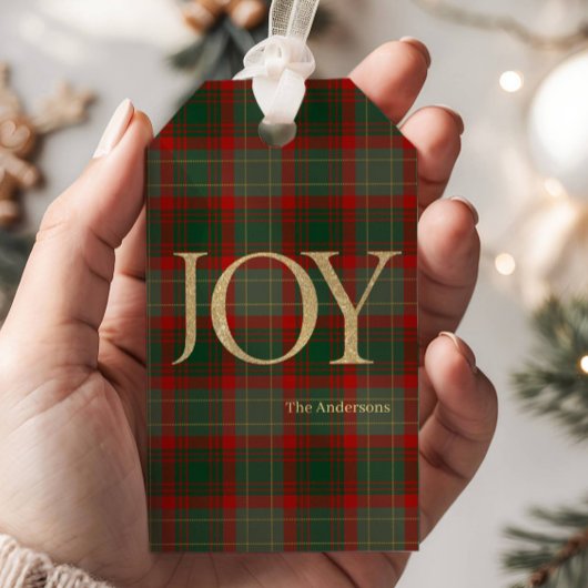 Modern Merry Christmas script Joy tartan rood Cadeaulabel