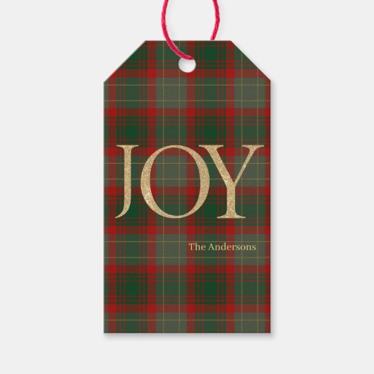 Modern Merry Christmas script Joy tartan rood Cadeaulabel (Voorkant)