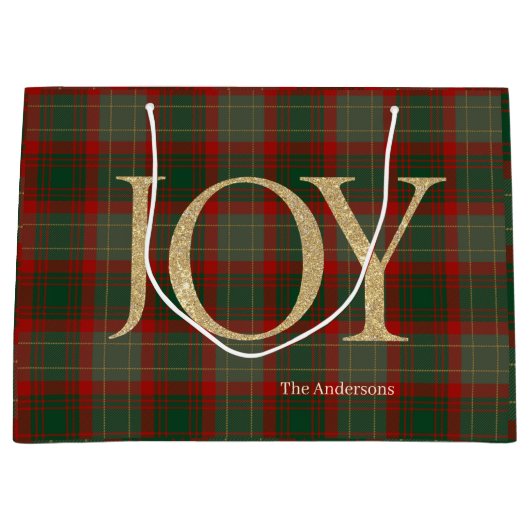 Modern Merry Christmas script Joy tartan rood Groot Cadeauzakje (Voorkant)