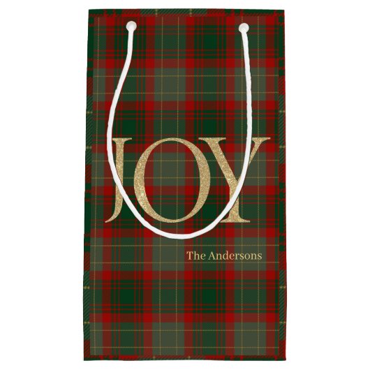 Modern Merry Christmas script Joy tartan rood Klein Cadeauzakje (Voorkant)