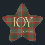 Modern Merry Christmas script Joy tartan rood Ster Sticker<br><div class="desc">Vrolijk kerstcadeau tas Ideaal ook voor de detailhandel en relatiegeschenken. Wikkel uw winkelproducten of uw e-commerce artikelen met dit inpakpapier</div>