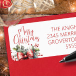 Modern Merry Christmas Script Red Bow Etiket<br><div class="desc">Kerst vakantie seizoen retour adreslabels met moderne, chique kalligrafie script typografie voor de begroeting MERRY CHRISTMAS geaccentueerd met een waterverf rode boog en hulst. ASSISTENTIE: Voor hulp bij het aanpassen of personaliseren van het ontwerp, het vergroten of verkleinen van het formaat, het overbrengen van het ontwerp naar een ander product...</div>