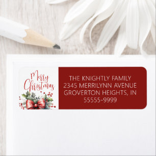 Modern Merry Christmas Script Red Bow Etiket